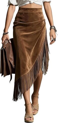 Midi Skirts for Women Faux Suede Asymmetrical Fringe Midi Skirts Western Cowgirl Outfits in Kuwait