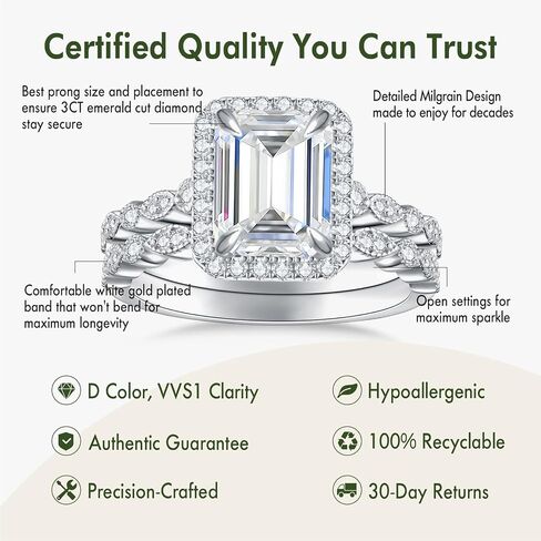 Moissanite Engagement Ring for Women Bridal Rings Set 3CT Moissanite Ring Emerald Cut D Color VVS1 Promise Ring Stackable Ring Anniversary Birthday Gift Size 5-10 in Saudi Arabia