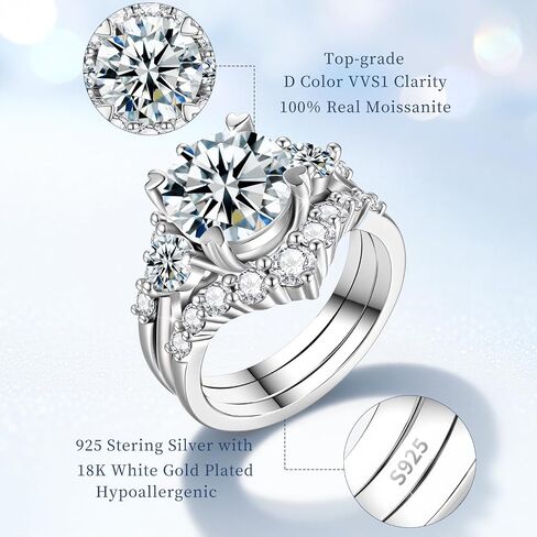 Total 5.5cttw(3.5CT Center Stone) Moissanite Wedding Bridal Rings Set, 925 Sterling Silver, Round Cut D Color VVS1, Engagement Anniversary Promise Rings with Certificate, Ideal Gift for Women in Kuwait
