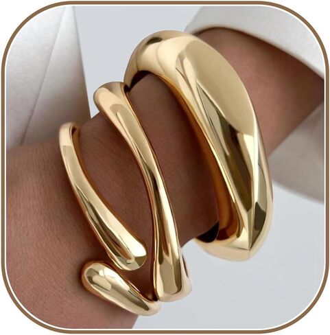 Chunky Gold Bangle Bracelets for Women, 14K Gold Plated Big Stackable Cuff Bracelet Set, Dainty Thick Dome Teardrop Bangles, Trendy Statement Jewelry Fashion Accessories in Kuwait