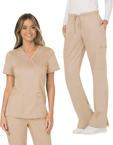 Cherokee Scrub Set for Women Modern Classic Fit Mock Wrap Top WW610 with Mid Rise Moderate Flare Drawstring Pant-WW120, Khaki- M Top/M Pant in Kuwait
