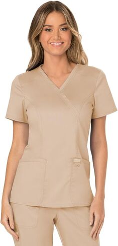 Cherokee Scrub Set for Women Modern Classic Fit Mock Wrap Top WW610 with Mid Rise Moderate Flare Drawstring Pant-WW120, Khaki- M Top/M Pant in Kuwait
