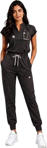 Women's Scrub Set - Sleeveless Stand-up Collar & Joggers - 11 Pockets - 4-Way Stretch Medical Nursing Uniform in Saudi Arabia