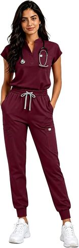 Women's Scrub Set - Sleeveless Stand-up Collar & Joggers - 11 Pockets - 4-Way Stretch Medical Nursing Uniform in Saudi Arabia