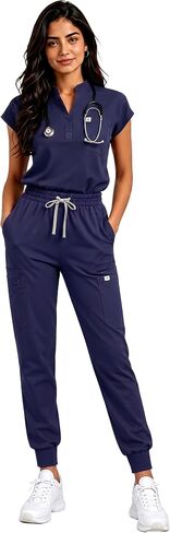 Women's Scrub Set - Sleeveless Stand-up Collar & Joggers - 11 Pockets - 4-Way Stretch Medical Nursing Uniform in Saudi Arabia