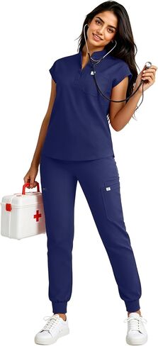 Women's Scrub Set - Sleeveless Stand-up Collar & Joggers - 11 Pockets - 4-Way Stretch Medical Nursing Uniform in Saudi Arabia