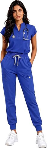 Women's Scrub Set - Sleeveless Stand-up Collar & Joggers - 11 Pockets - 4-Way Stretch Medical Nursing Uniform in Saudi Arabia