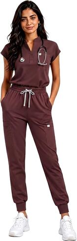 Women's Scrub Set - Sleeveless Stand-up Collar & Joggers - 11 Pockets - 4-Way Stretch Medical Nursing Uniform in Saudi Arabia