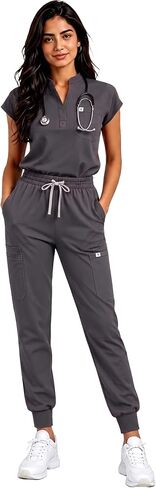 Women's Scrub Set - Sleeveless Stand-up Collar & Joggers - 11 Pockets - 4-Way Stretch Medical Nursing Uniform in Saudi Arabia
