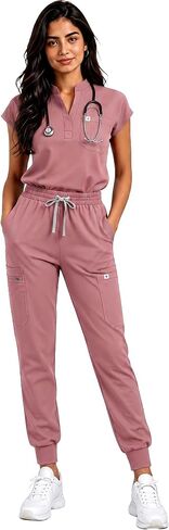 Women's Scrub Set - Sleeveless Stand-up Collar & Joggers - 11 Pockets - 4-Way Stretch Medical Nursing Uniform in Saudi Arabia
