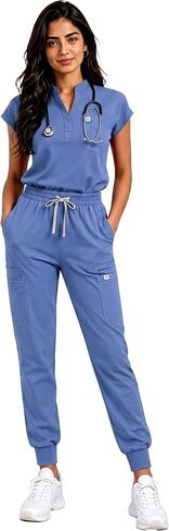 Women's Scrub Set - Sleeveless Stand-up Collar & Joggers - 11 Pockets - 4-Way Stretch Medical Nursing Uniform in Saudi Arabia