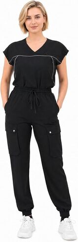 Reflective Trim Nurse Scrubs for Women, Sporty Panel Scrub Set with Stretch Fabric, Jogger Pants and Utility Pockets in Kuwait
