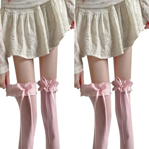 2pcsThigh High Stockings for Women -with Bow Sheer Pantyhose Cute Lolita Knee High Stockings for Daily & Cosplay in Kuwait