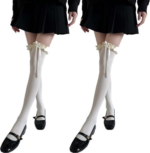 2pcsThigh High Stockings for Women -with Bow Sheer Pantyhose Cute Lolita Knee High Stockings for Daily & Cosplay in Kuwait