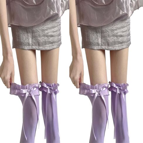 2pcsThigh High Stockings for Women -with Bow Sheer Pantyhose Cute Lolita Knee High Stockings for Daily & Cosplay in Kuwait