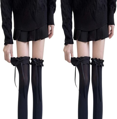 2pcsThigh High Stockings for Women -with Bow Sheer Pantyhose Cute Lolita Knee High Stockings for Daily & Cosplay in Kuwait