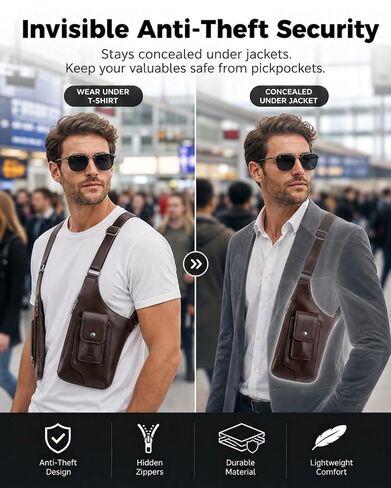 Large Double Shoulder Armpit Bag for Men, PU Leather Anti-Theft Underarm Holster Shoulder Wallet for Travel Cycling in Kuwait