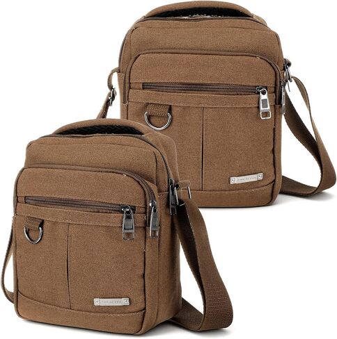 Mens Crossbody Bag, Canvas Messenger Shoulder Bag with Adjustable Strap, Vintage Style Multiple Pockets for Travel Work & Daily Use, Holds 9.7-Inch Tablet, Brown (2-Pack) in Saudi Arabia