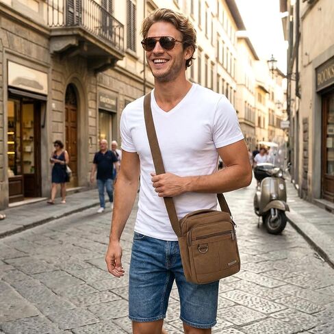Mens Crossbody Bag, Canvas Messenger Shoulder Bag with Adjustable Strap, Vintage Style Multiple Pockets for Travel Work & Daily Use, Holds 9.7-Inch Tablet, Brown (2-Pack) in Saudi Arabia