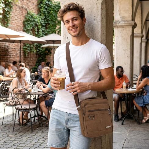 Mens Crossbody Bag, Canvas Messenger Shoulder Bag with Adjustable Strap, Vintage Style Multiple Pockets for Travel Work & Daily Use, Holds 9.7-Inch Tablet, Brown (2-Pack) in Saudi Arabia