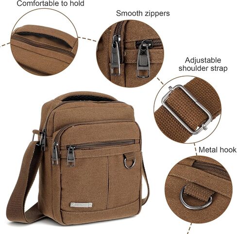 Mens Crossbody Bag, Canvas Messenger Shoulder Bag with Adjustable Strap, Vintage Style Multiple Pockets for Travel Work & Daily Use, Holds 9.7-Inch Tablet, Brown (2-Pack) in Saudi Arabia