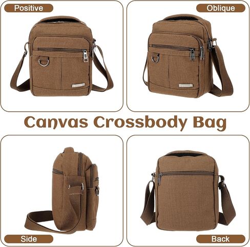 Mens Crossbody Bag, Canvas Messenger Shoulder Bag with Adjustable Strap, Vintage Style Multiple Pockets for Travel Work & Daily Use, Holds 9.7-Inch Tablet, Brown (2-Pack) in Saudi Arabia