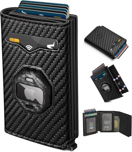 Airtag Wallet for Men,with Cash Pocket 2 ID Window 10+ Cards,Metal Case Smart Slim Pop Up Credit Card Holder Flip with Magnetic Closure RFID Blocking Trifold Leather wallet with Gift Box in Saudi Arabia