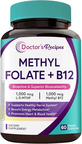Doctor's Recipes Methyl Folate & B12 Supplement for Women and Men, L-5-MTHF 1000 mcg, Vitamin B12 1000 mcg, Bioactive, Naturally Occurring, High Absorption, Nerve, Energy & Heart Support, 60 Caps in Saudi Arabia