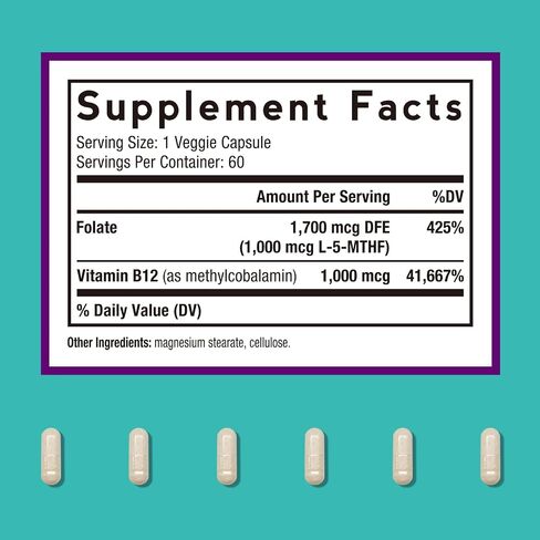 Doctor's Recipes Methyl Folate & B12 Supplement for Women and Men, L-5-MTHF 1000 mcg, Vitamin B12 1000 mcg, Bioactive, Naturally Occurring, High Absorption, Nerve, Energy & Heart Support, 60 Caps in Saudi Arabia