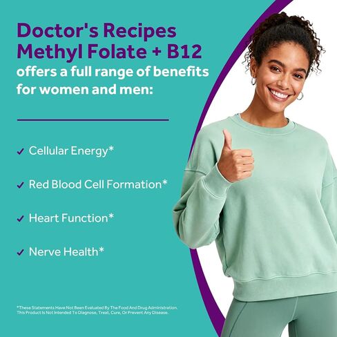Doctor's Recipes Methyl Folate & B12 Supplement for Women and Men, L-5-MTHF 1000 mcg, Vitamin B12 1000 mcg, Bioactive, Naturally Occurring, High Absorption, Nerve, Energy & Heart Support, 60 Caps in Saudi Arabia