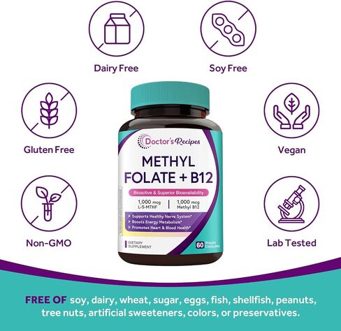 Doctor's Recipes Methyl Folate & B12 Supplement for Women and Men, L-5-MTHF 1000 mcg, Vitamin B12 1000 mcg, Bioactive, Naturally Occurring, High Absorption, Nerve, Energy & Heart Support, 60 Caps in Saudi Arabia