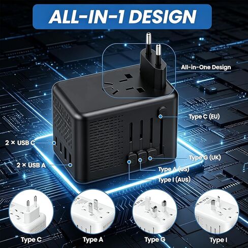 220V to 110V Voltage Converter US to Europe for Hair Dryer with Fast Charging, Power Converter Adapter Combo 2 USB A & 2 USB C, International Adapter European Travel Converter C G A I (Black) in Saudi Arabia