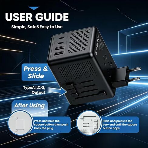 220V to 110V Voltage Converter US to Europe for Hair Dryer with Fast Charging, Power Converter Adapter Combo 2 USB A & 2 USB C, International Adapter European Travel Converter C G A I (Black) in Saudi Arabia