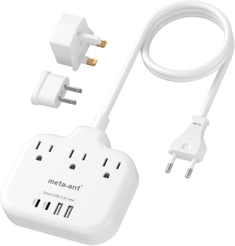 European Travel Plug Adapter, US to European Plug Adapter with 3 American Outlets & 4 USB, 3ft European Power Cord, International Travel Power Strip, Type C for Europe EU Germany France, Travel, White in Saudi Arabia