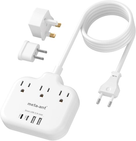 European Travel Plug Adapter, US to European Plug Adapter with 3 American Outlets & 4 USB, 3ft European Power Cord, International Travel Power Strip, Type C for Europe EU Germany France, Travel, White in Saudi Arabia
