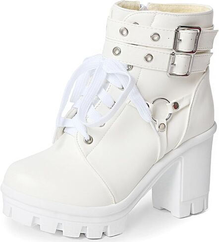 MEOTINA Goth Women Platform High Heel Boots Buckle Combat Ankle Booties | Features edgy gothic steampunk rave emo sexy cosplay styling, designed with thick heel, buckle, studded ,lace up and zipper in Saudi Arabia