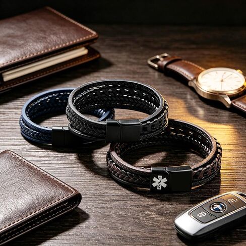 Stacked Medical Alert Bracelet for Men, Engraved Stainless Steel Plate PU Leather Wristband, Emergency Health Info ID, Travel Outdoor Daily Wear YA6983 in Saudi Arabia