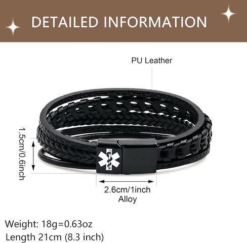 Stacked Medical Alert Bracelet for Men, Engraved Stainless Steel Plate PU Leather Wristband, Emergency Health Info ID, Travel Outdoor Daily Wear YA6983 in Saudi Arabia