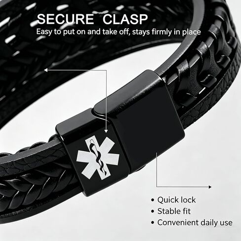 Stacked Medical Alert Bracelet for Men, Engraved Stainless Steel Plate PU Leather Wristband, Emergency Health Info ID, Travel Outdoor Daily Wear YA6983 in Saudi Arabia