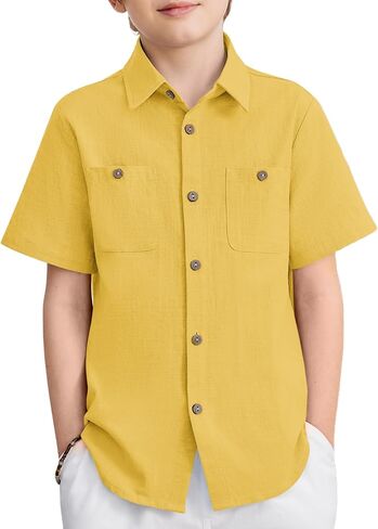 Arshiner Boys Short Sleeve Button Down Shirt Cotton Woven Casual Shirts with 2 Pockets for Kids 4-12 Years in Kuwait
