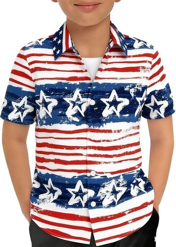 American Flag Boys Hawaiian Shirts:4th of July Button Down Shirt Boys Patriotic Short Sleeve Independence Day Tee Tops in Saudi Arabia