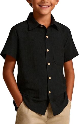 Boys Button Down Chambray Shirts Casual Short Sleeve Cotton Linen Shirt with Pockets for Kids 5-14 Years in Kuwait