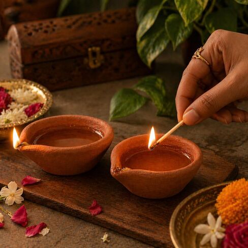 Diwali Diyas Clay Diyas for Pooja مع فتائل قطنية [12 قطعة] - مصباح زيت بوجا الهندي Diwali Pooja - ديكور ديوالي للمنزل - عناصر هدايا الإرجاع الهندية بمناسبة الانتقال لمنزل جديد Hashcart® in Kuwait