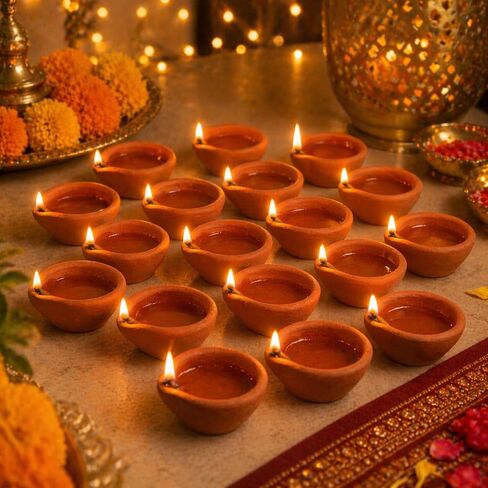 Diwali Diyas Clay Diyas for Pooja مع فتائل قطنية [12 قطعة] - مصباح زيت بوجا الهندي Diwali Pooja - ديكور ديوالي للمنزل - عناصر هدايا الإرجاع الهندية بمناسبة الانتقال لمنزل جديد Hashcart® in Kuwait
