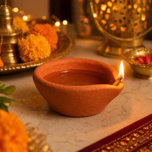 Diwali Diyas Clay Diyas for Pooja مع فتائل قطنية [12 قطعة] - مصباح زيت بوجا الهندي Diwali Pooja - ديكور ديوالي للمنزل - عناصر هدايا الإرجاع الهندية بمناسبة الانتقال لمنزل جديد Hashcart® in Kuwait