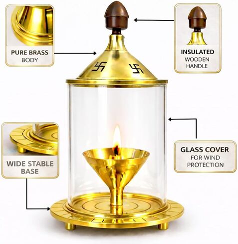 Small Akhand Jyoti Diya Brass Diyas For Pooja (4inch) Diya Lamp With Glass Cover Wind Protector | Akhand Jot Indian Oil Lamp | Akhanda Deepam Kundulu For Puja,Diwali,Return Gift | Diya Lamps For Pooja in Kuwait