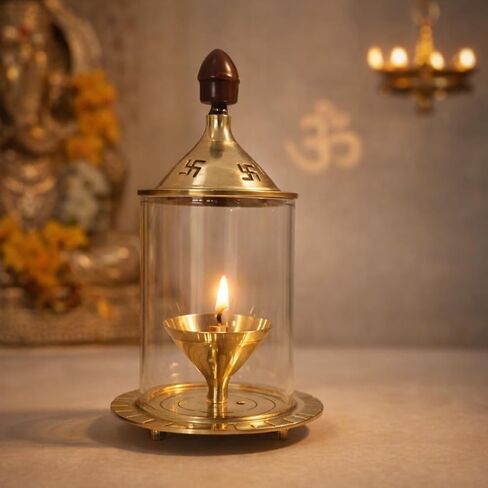 Small Akhand Jyoti Diya Brass Diyas For Pooja (4inch) Diya Lamp With Glass Cover Wind Protector | Akhand Jot Indian Oil Lamp | Akhanda Deepam Kundulu For Puja,Diwali,Return Gift | Diya Lamps For Pooja in Kuwait