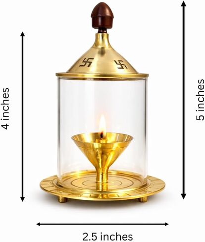 Small Akhand Jyoti Diya Brass Diyas For Pooja (4inch) Diya Lamp With Glass Cover Wind Protector | Akhand Jot Indian Oil Lamp | Akhanda Deepam Kundulu For Puja,Diwali,Return Gift | Diya Lamps For Pooja in Kuwait