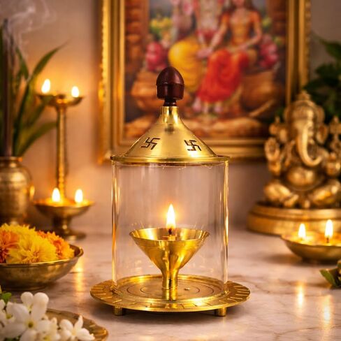 Small Akhand Jyoti Diya Brass Diyas For Pooja (4inch) Diya Lamp With Glass Cover Wind Protector | Akhand Jot Indian Oil Lamp | Akhanda Deepam Kundulu For Puja,Diwali,Return Gift | Diya Lamps For Pooja in Kuwait
