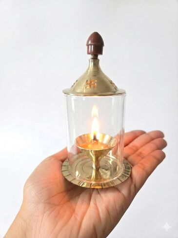 Small Akhand Jyoti Diya Brass Diyas For Pooja (4inch) Diya Lamp With Glass Cover Wind Protector | Akhand Jot Indian Oil Lamp | Akhanda Deepam Kundulu For Puja,Diwali,Return Gift | Diya Lamps For Pooja in Kuwait